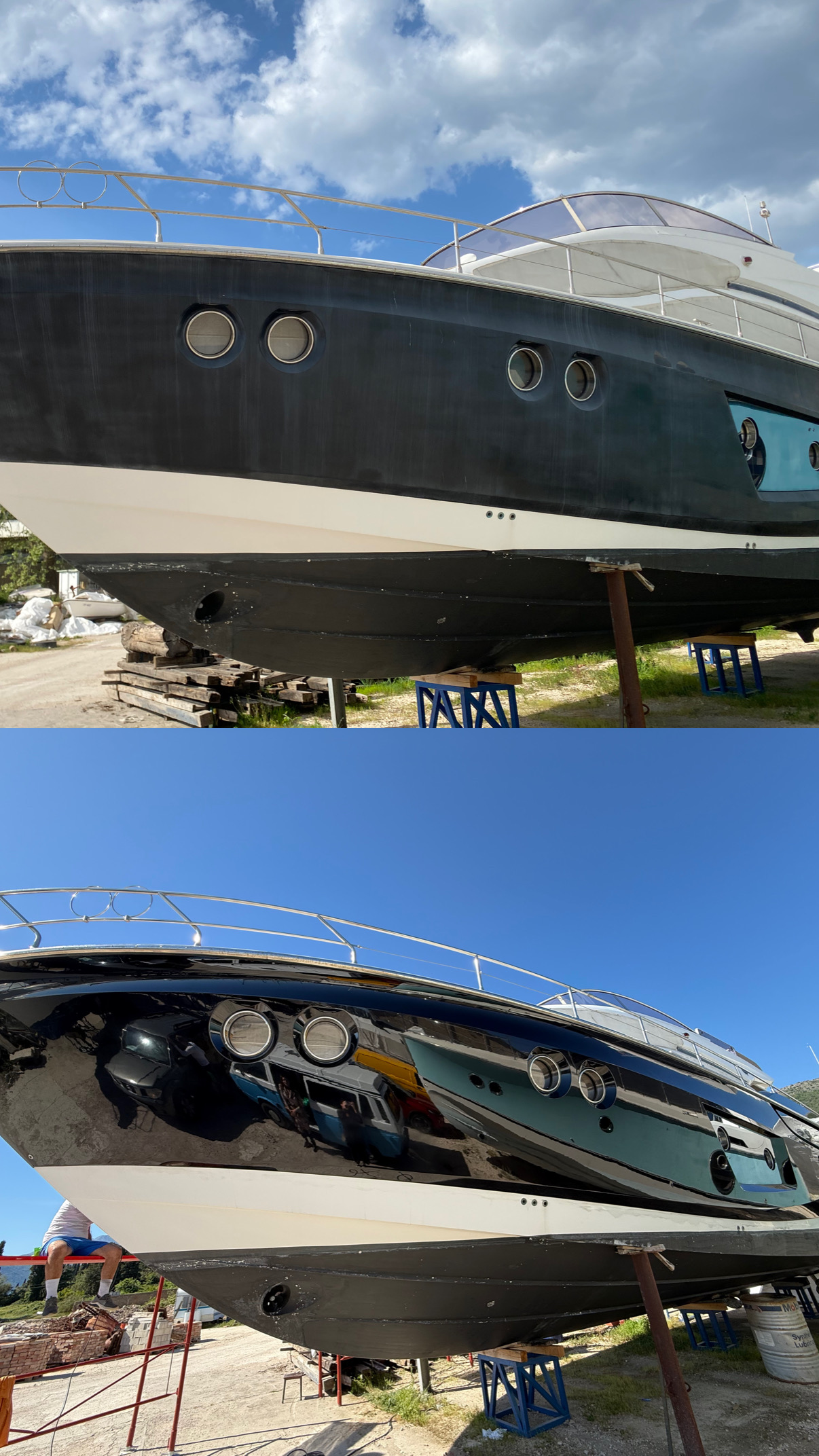 Yacht hull before and after polishing
